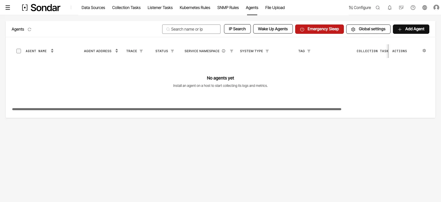 The Agents list, empty on a new install