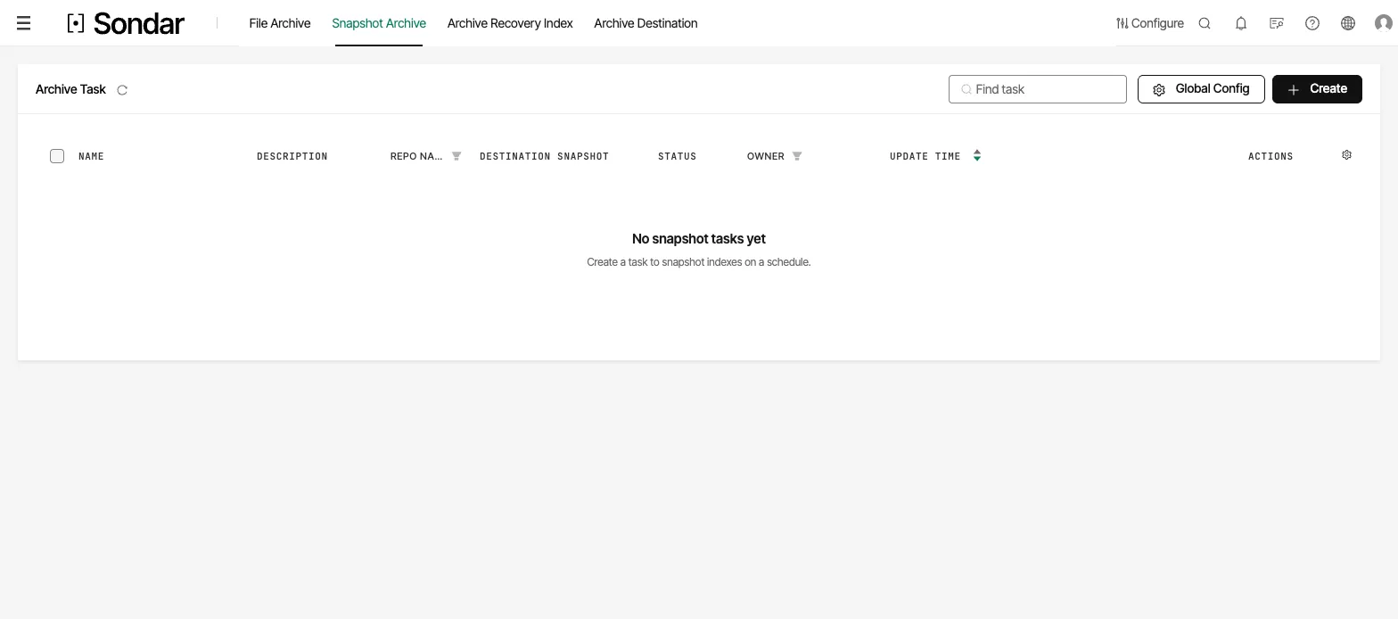 The Snapshot Archive task list, empty on a new install